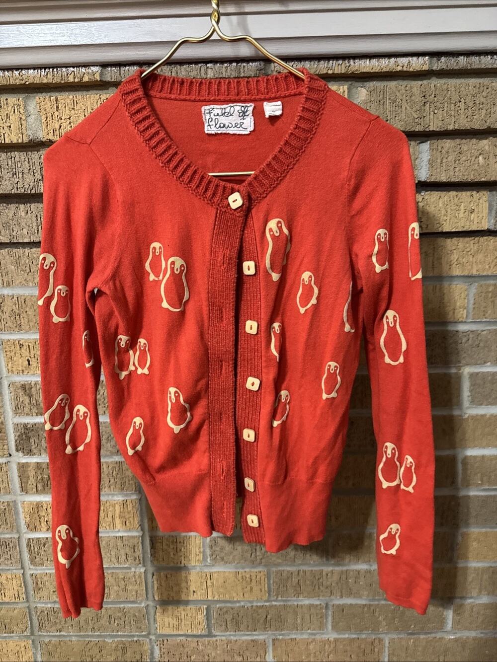 Anthropologie Field Flower Women’s S Flocked Penguin Cashmere Wool Cardigan AOP
